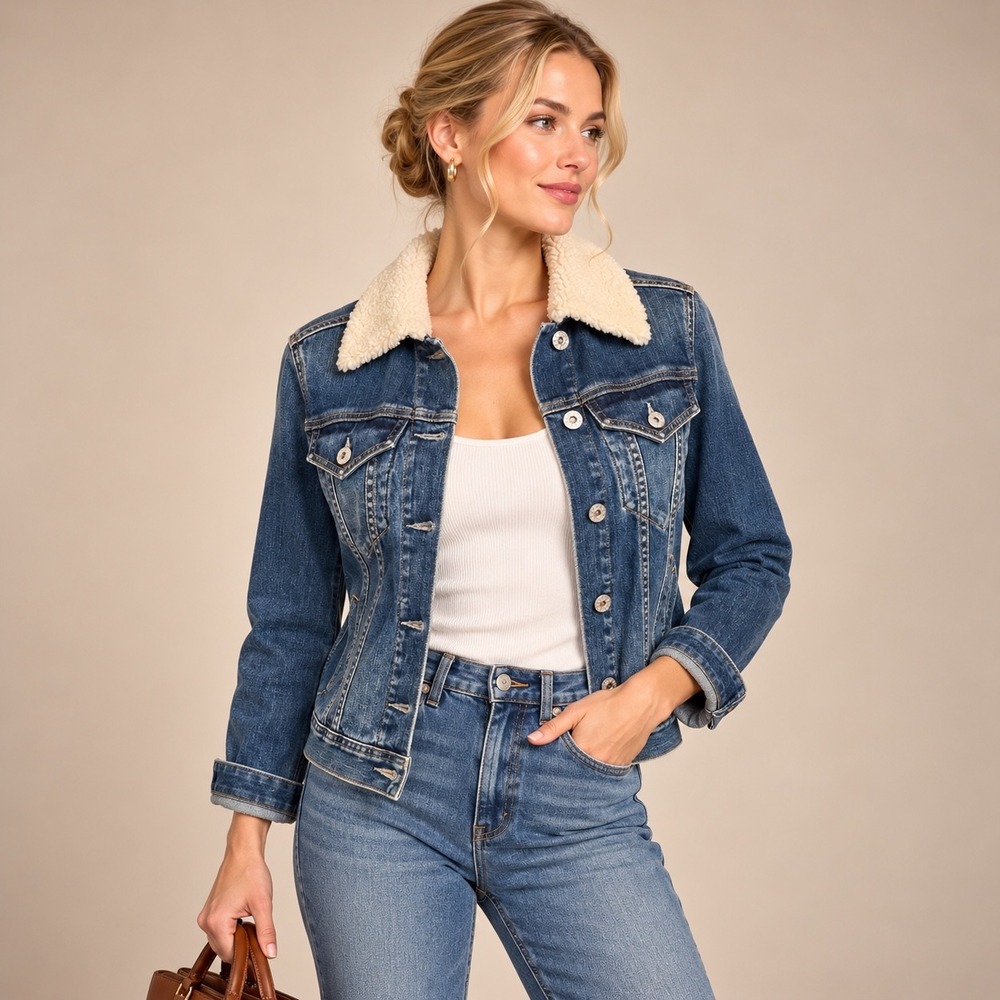 AG Adriano Goldschmied Denim Faux Shearling Mya Jacket Medium Wash Size Small